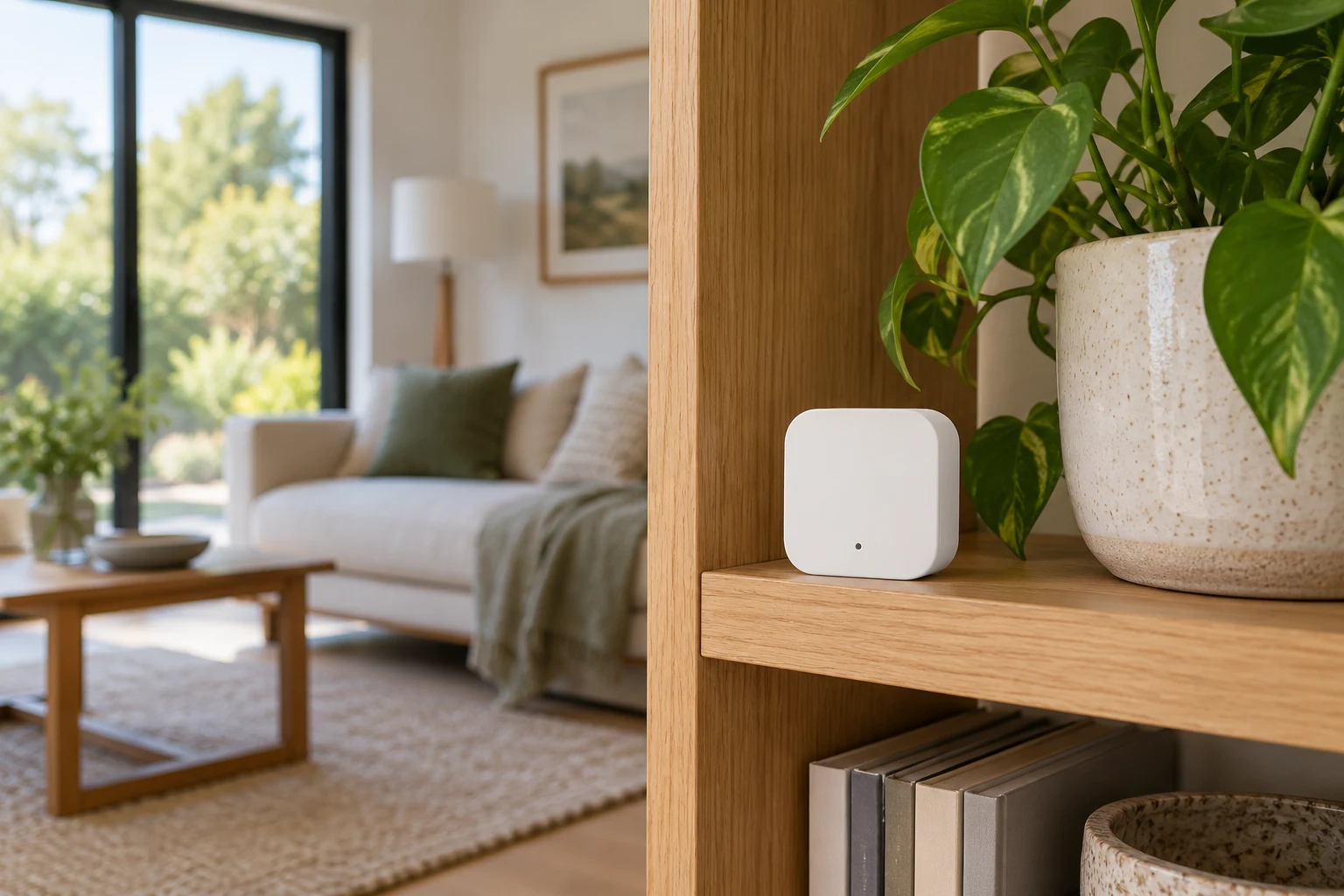 A small climate sensor on a shelf in a calm modern home